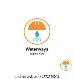 Waterways Logo Design Template With Helmet And Water.