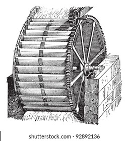 Waterwheel bucket, vintage engraved illustration. Dictionary of words and things - Larive and Fleury - 1895.