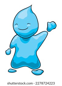 Watery blue character with hand waving gesture, made with water and drops in cartoon style.