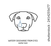 Watery discharge from dogs eyes. Common dog disease symbol. Sad crying pet. Outline icon, sign. Veterinarian concept. Editable isolated vector illustration in outline style on a white background