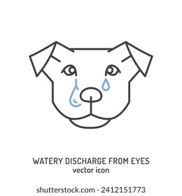 Watery discharge from dogs eyes. Common dog disease symbol. Sad crying pet. Outline icon, sign. Veterinarian concept. Editable isolated vector illustration in outline style on a white background