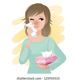 Watery eyed woman holding facial tissue box. Vector.