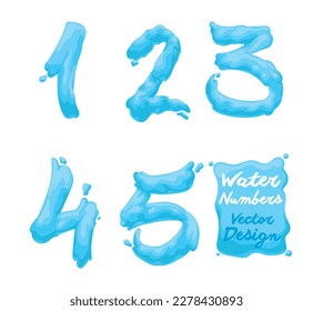 Watery set of numbers from one to five with liquid effect. Design in cartoon style.
