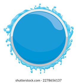 Watery template with blue shiny button, decorated with silver frame and water splashes. Cartoon style design.