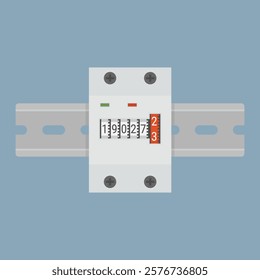 Watt meter mounted on a 35mm DIN rail. Power consumption monitor with mechanical counter. Vector illustration