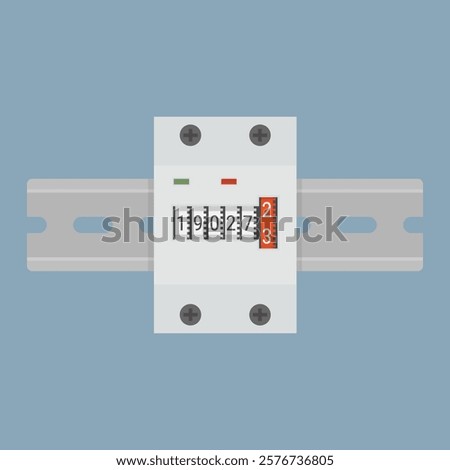 Watt meter mounted on a 35mm DIN rail. Power consumption monitor with mechanical counter. Vector illustration
