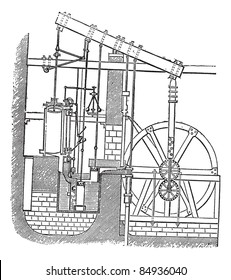 Watt Steam Engine, Vintage Engraved Illustration. Trousset Encyclopedia (1886 - 1891).