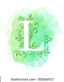 Wattercolor letter calligraphy on watercolor background. Natural elements leaves curls design an element for web poster typographics L