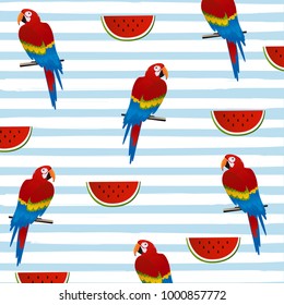 Wattermelon and parrots with stripes seamless pattern background. Tropical poster design. Summer and holidays background. Wallpaper, invitation card, textile print vector illustration design
