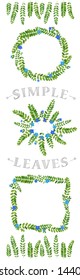 Wattles (acacias) leaves pattern package.  Green eco botanical frames set - round, square, wreath, line border.
