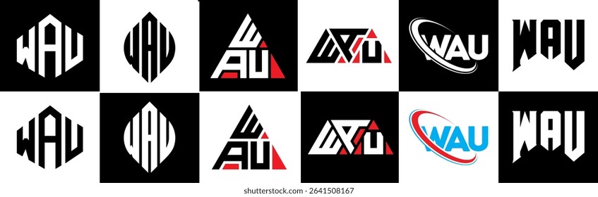 WAU letter logo design in six style. WAU polygon, circle, triangle, hexagon, flat and simple style with black and white color variation letter logo set in one artboard. WAU minimalist and classic logo