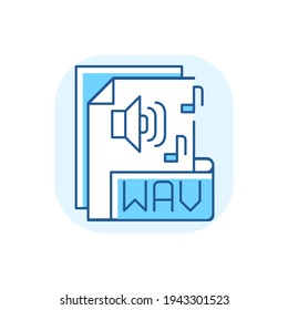 WAV file blue RGB color icon. Waveform audio file format. Storing data in segments. Uncompressed lossless audio. Maximum quality music. Waveform data. RIFF chunks. Isolated vector illustration