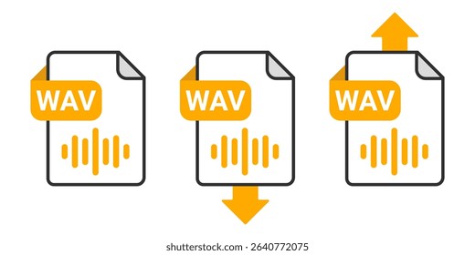 WAV File Download and Upload Icon Set with Yellow Arrow Symbol on Transparent Background for Audio Transfer, Sound Sharing and Music File Exchange Vector Illustration