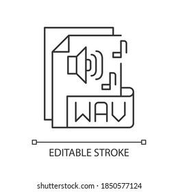 WAV file pixel perfect linear icon. Waveform audio file format. Storing data in segments. Thin line customizable illustration. Contour symbol. Vector isolated outline drawing. Editable stroke