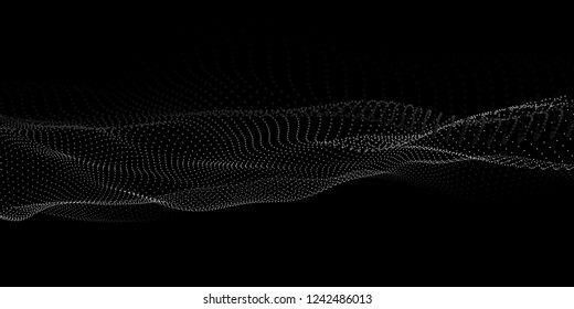 Wave 3d. Abstract wave dots in dark background. Big data. Technology vector background.
