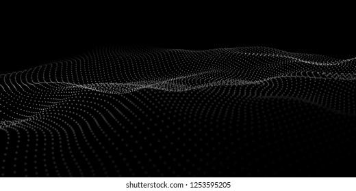 Wave 3d. Abstract wave dots in dark background. Big data. Technology vector background.