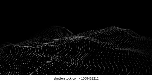 Wave 3d. Abstract wave dots in dark background. Big data. Technology vector background.
