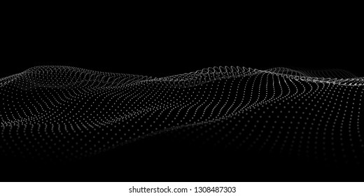 Wave 3d. Abstract wave dots in dark background. Big data. Technology vector background.