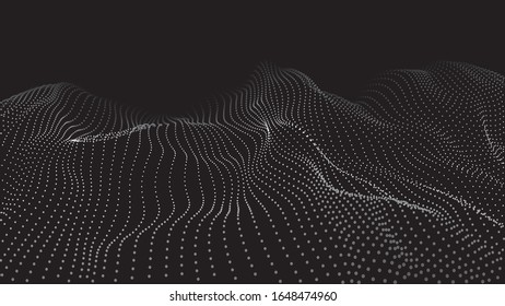 Wave 3d. Abstract Wave Dots In Dark Background. Big Data. Technology Vector Background.