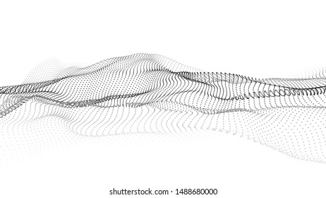 Wave 3d. Wave of particles. Abstract white geometric background. Big data. Technology illustration.