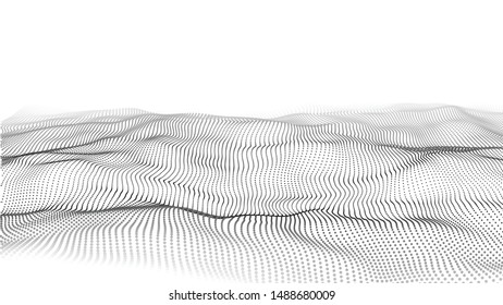 Wave 3d. Wave of particles. Abstract white geometric background. Big data. Technology illustration.