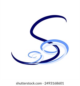 Onda. ABC. S con una onda. Una Imagen con un sentimiento náutico. Minimalismo. Hermosas cartas. Dibujo de líneas. Verano, mar. Serie de letras A-Z. Dibujo en línea. Diseño de logotipo inicial S combinado con una onda.