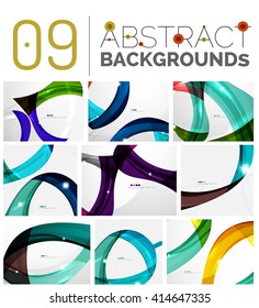 Wave abstract background collection - color lines with light effects. Modern elegant motion concept, smooth wavy shape. Presentation banner and identity business card message design template set svg