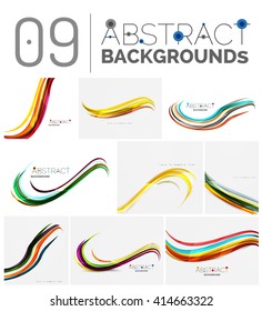 Wave abstract background collection - color lines with light effects. Modern elegant motion concept, smooth wavy shape. Presentation banner and identity business card message design template set