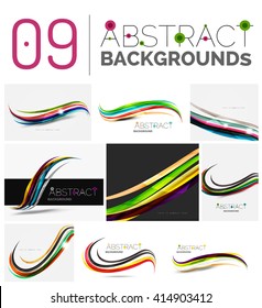 Wave abstract background collection - color lines with light effects. Modern elegant motion concept, smooth wavy shape. Presentation banner and identity business card message design template set