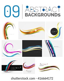 Wave abstract background collection - color lines with light effects. Modern elegant motion concept, smooth wavy shape. Presentation banner and identity business card message design template set