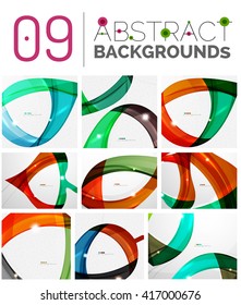 Wave abstract background collection - color lines with light effects. Modern elegant motion concept, smooth wavy shape. Presentation banner and identity business card message design template set