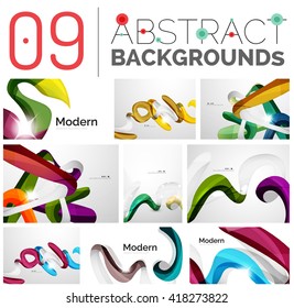 Wave abstract background collection - color lines with light effects. Modern elegant motion concept, smooth wavy shape. Presentation banner and identity business card message design template set