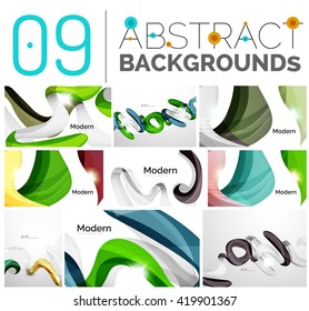 Wave abstract background collection - color lines with light effects. Modern elegant motion concept, smooth wavy shape. Presentation banner and identity business card message design template set