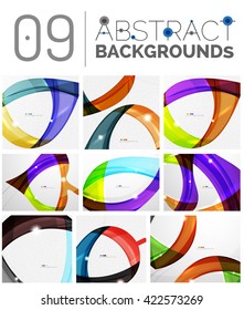Colección de fondo abstracto de ondas - líneas de color con efectos de luz. Moderno y elegante concepto de movimiento, suave forma ondulada. Pancarta de presentación e identidad conjunto de plantillas de diseño de mensajes de tarjeta de visita