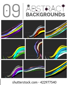 Wave abstract background collection - color lines with light effects. Modern elegant motion concept, smooth wavy shape. Presentation banner and identity business card message design template set