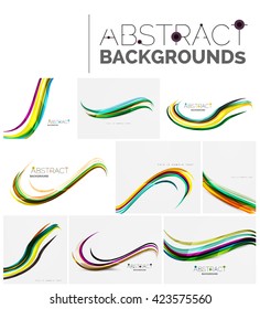 Wave abstract background collection - color lines with light effects. Modern elegant motion concept, smooth wavy shape. Presentation banner and identity business card message design template set