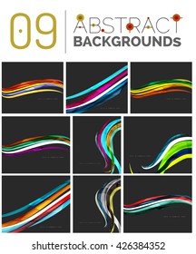 Wave abstract background collection - color lines with light effects. Modern elegant motion concept, smooth wavy shape. Presentation banner and identity business card message design template set