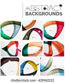 Wave abstract background collection - color lines with light effects. Modern elegant motion concept, smooth wavy shape. Presentation banner and identity business card message design template set