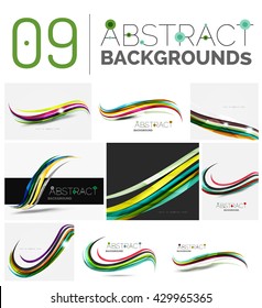 Wave abstract background collection - color lines with light effects. Modern elegant motion concept, smooth wavy shape. Presentation banner and identity business card message design template set