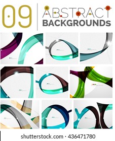 Wave abstract background collection - color lines with light effects. Modern elegant motion concept, smooth wavy shape. Presentation banner and identity business card message design template set