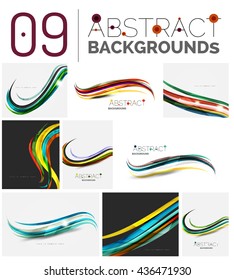Wave abstract background collection - color lines with light effects. Modern elegant motion concept, smooth wavy shape. Presentation banner and identity business card message design template set