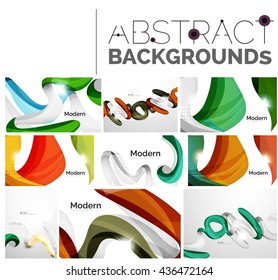 Wave abstract background collection - color lines with light effects. Modern elegant motion concept, smooth wavy shape. Presentation banner and identity business card message design template set