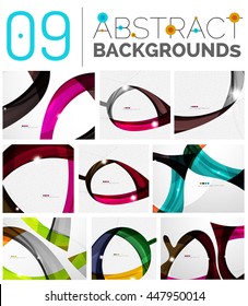 Wave abstract background collection - color lines with light effects. Modern elegant motion concept, smooth wavy shape. Presentation banner and identity business card message design template set