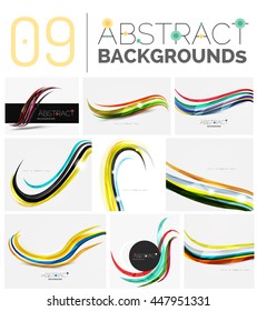 Colección de fondo abstracto de ondas - líneas de color con efectos de luz. Moderno y elegante concepto de movimiento, suave forma ondulada. Pancarta de presentación e identidad conjunto de plantillas de diseño de mensajes de tarjeta de visita
