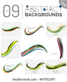 Colección de fondo abstracto de ondas - líneas de color con efectos de luz. Moderno y elegante concepto de movimiento, suave forma ondulada. Pancarta de presentación e identidad conjunto de plantillas de diseño de mensajes de tarjeta de visita