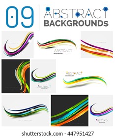 Wave abstract background collection - color lines with light effects. Modern elegant motion concept, smooth wavy shape. Presentation banner and identity business card message design template set