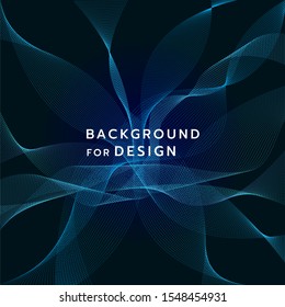 Wave abstract blue lines on a gradient dart blue background. Line art. Vector illustration. Created using blend tool. Curved wavy line, smooth stripe. Design element.