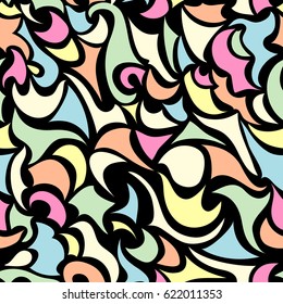 Wave abstract colorful seamless pattern on black background. Fluid vector texture.