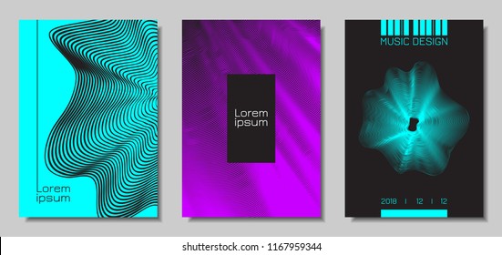 Wave Abstract Covers. Templates Set with Wavy Stripes. Movement and Distortion Effect. EPS10 Vector Design. 3D Backgrounds with Flow Lines. Wave Covers for Brochure, Magazine, Music Poster, Book, Page