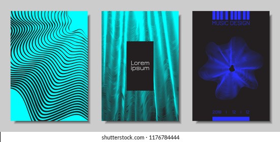 Wave Abstract Covers. Templates Set with Wavy Stripes. Movement and Distortion Effect. EPS10 Vector Design. 3D Backgrounds with Flow Lines. Wave Covers for Brochure, Magazine, Music Poster, Book, Page